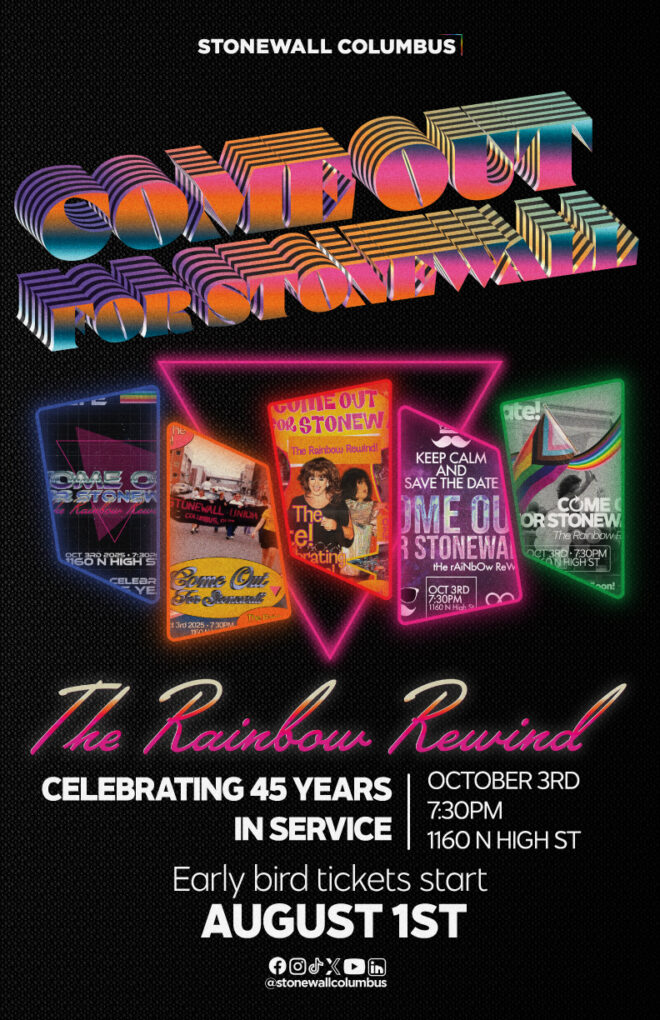Stonewall Columbus event poster for ‘Come Out for Stonewall: The Rainbow Rewind,’ celebrating 45 years of LGBTQ+ community service. Event takes place October 3rd at 7:30 PM at 1160 N High Street in Columbus, Ohio. Features retro rainbow graphics, vintage flyers, and early bird ticket info starting August 1st.
